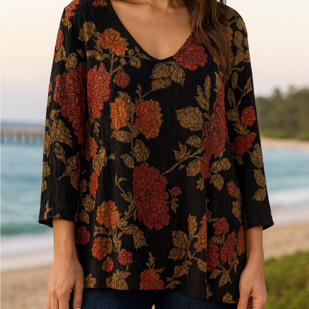 Maggie Barnes Black and‎ Red Floral Blouse SZ 1X  metallic fairy boho chic